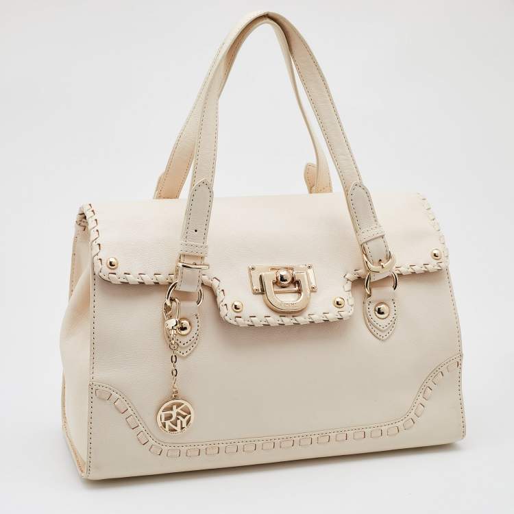 Pre Owned Dkny Off White Leather Flap Whipstitch Trim Tote