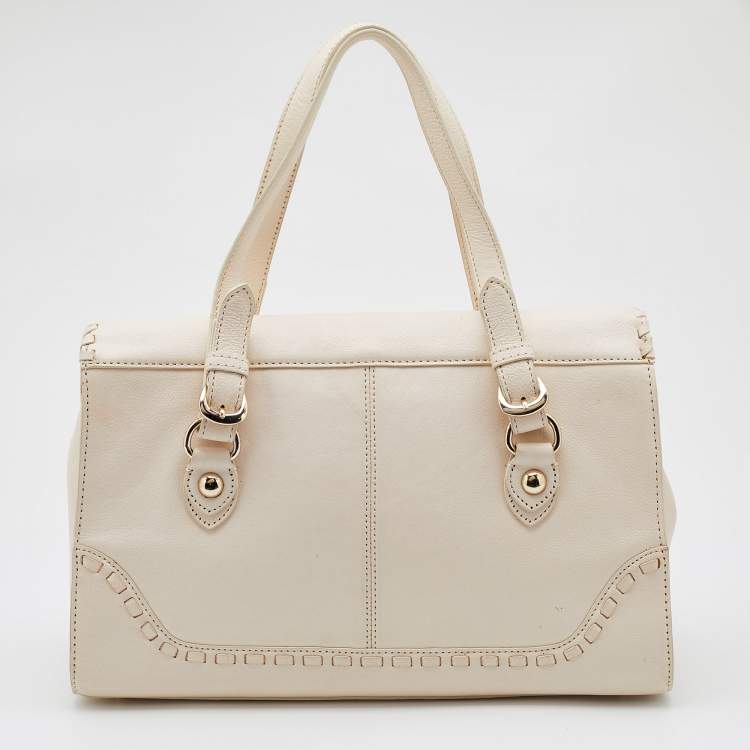 Pre Owned Dkny Off White Leather Flap Whipstitch Trim Tote