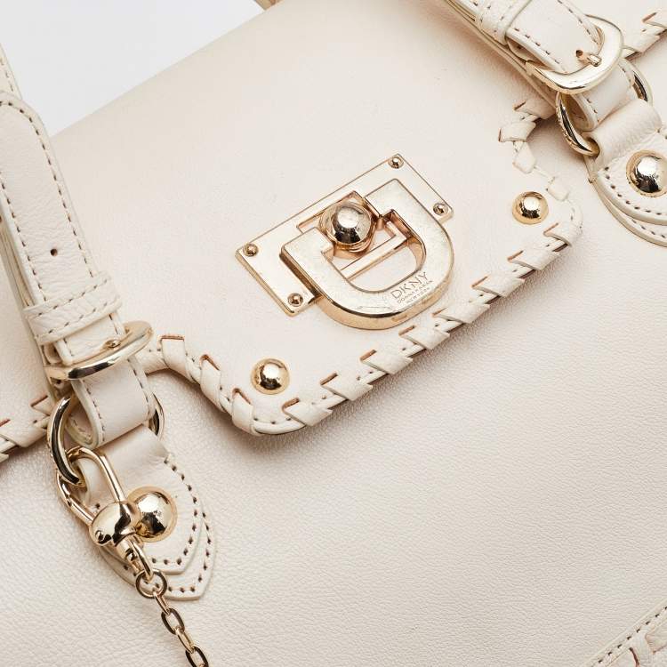 Pre Owned Dkny Off White Leather Flap Whipstitch Trim Tote