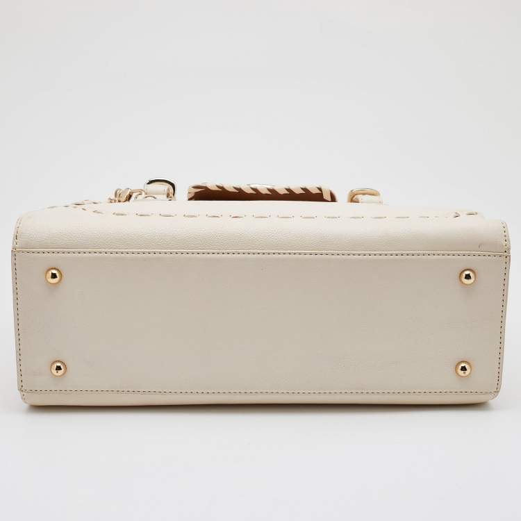 Pre Owned Dkny Off White Leather Flap Whipstitch Trim Tote