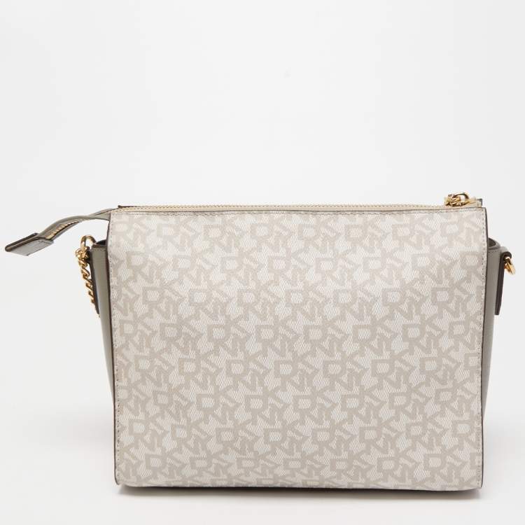 Pre Owned Dkny Grey/Beige Signature Coated Canvas and Leather Bryant Crossbody Bag