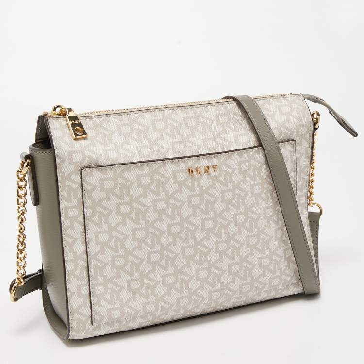 Pre Owned Dkny Grey/Beige Signature Coated Canvas and Leather Bryant Crossbody Bag