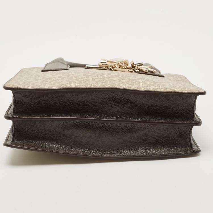 Pre Owned Dkny Brown/Beige Signature Coated Canvas and Leather Padlock Charm Tote