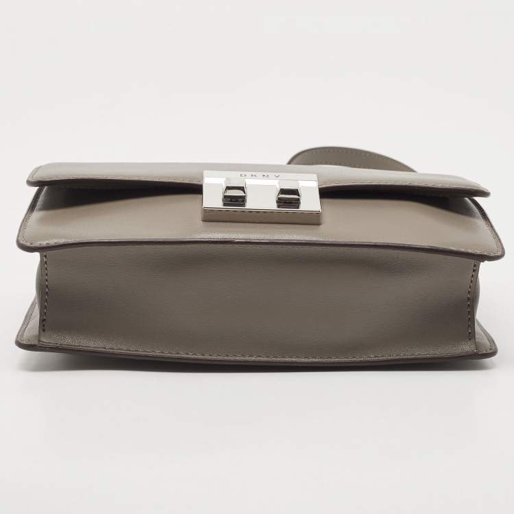 Pre Owned DKNY Grey Leather Pushlock Flap Shoulder Bag