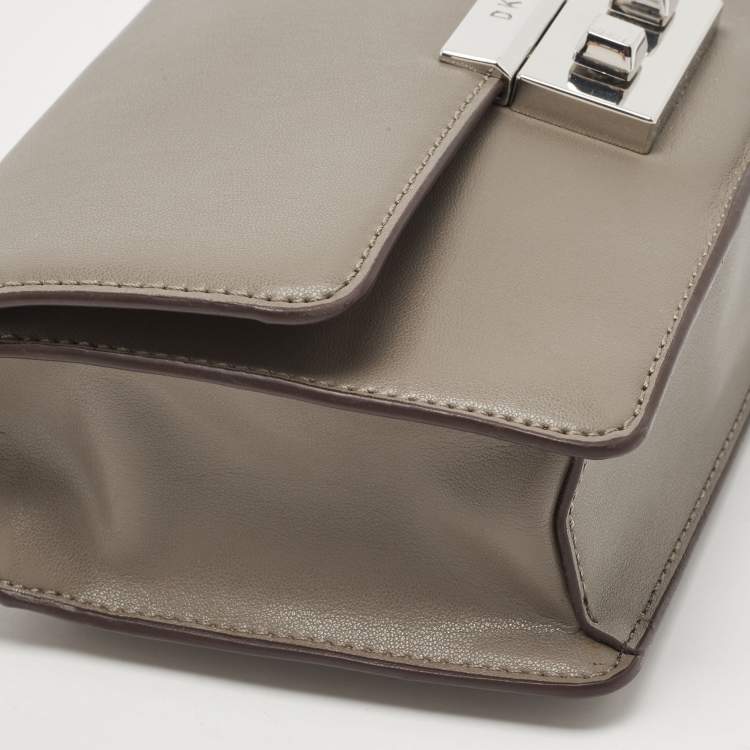 Pre Owned DKNY Grey Leather Pushlock Flap Shoulder Bag
