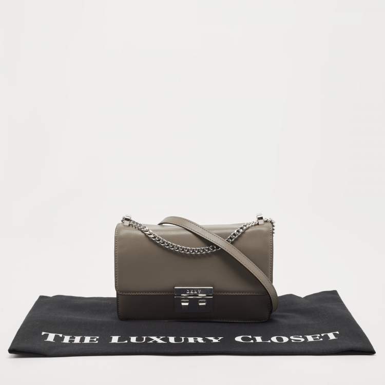 Pre Owned DKNY Grey Leather Pushlock Flap Shoulder Bag