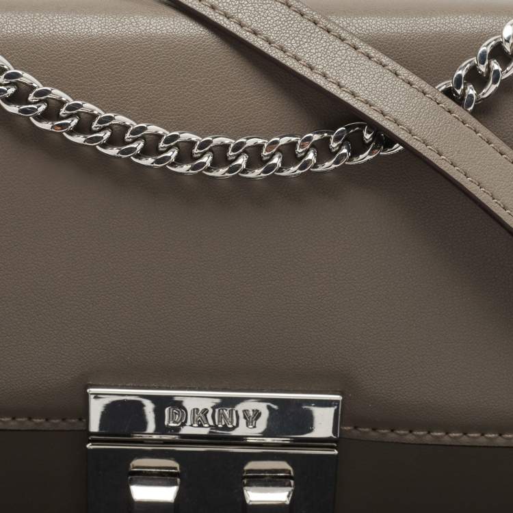 Pre Owned DKNY Grey Leather Pushlock Flap Shoulder Bag