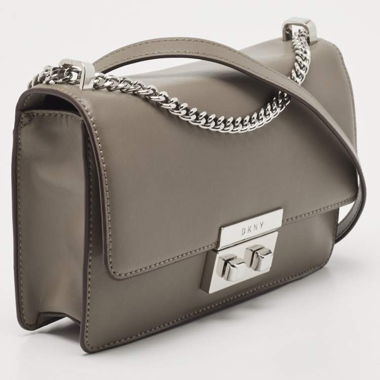 Pre Owned DKNY Grey Leather Pushlock Flap Shoulder Bag