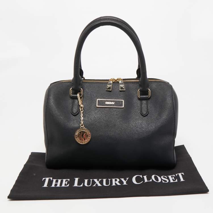 Pre Owned DKNY Black Saffiano Leather Zip Boston Bag