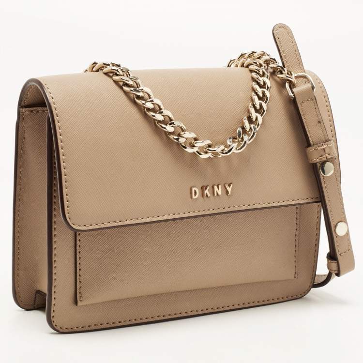 Pre Owned DKNY Beige Leather Flap Chain Crossbody Bag