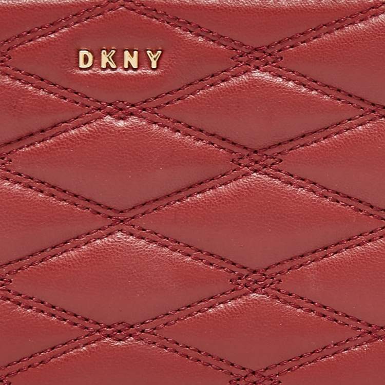 Pre Owned DKNY Red Quilted Leather Zip Around Compact Wallet