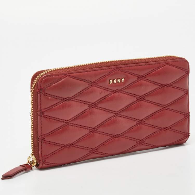 Pre Owned DKNY Red Quilted Leather Zip Around Compact Wallet