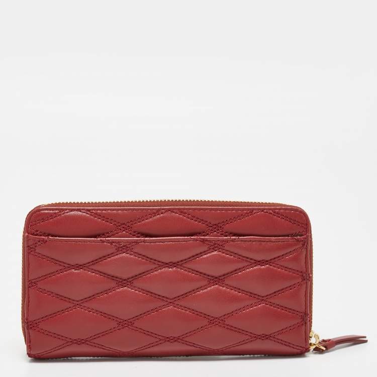 Pre Owned DKNY Red Quilted Leather Zip Around Compact Wallet