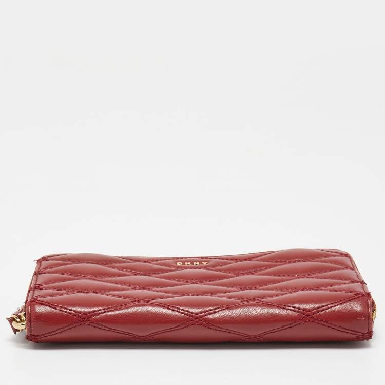Pre Owned DKNY Red Quilted Leather Zip Around Compact Wallet