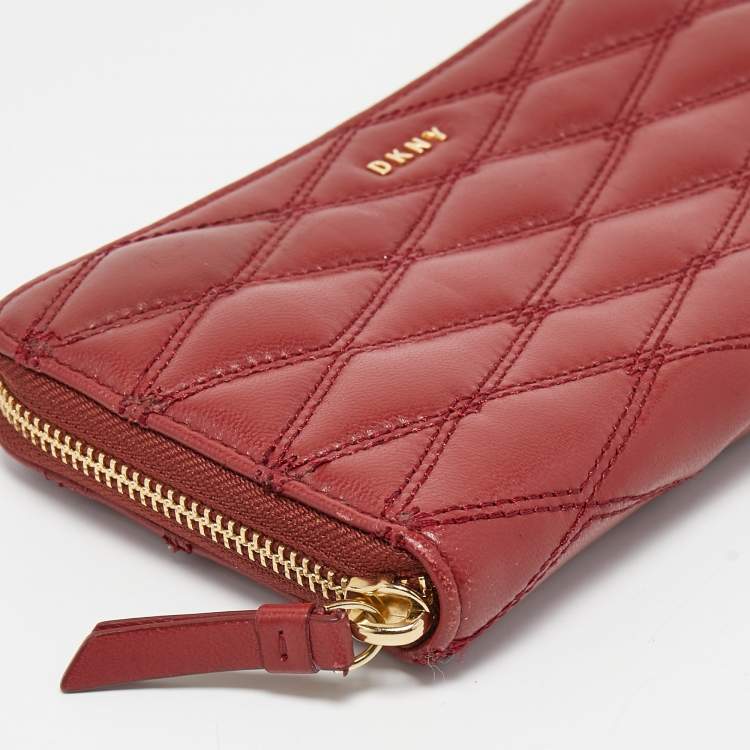 Pre Owned DKNY Red Quilted Leather Zip Around Compact Wallet