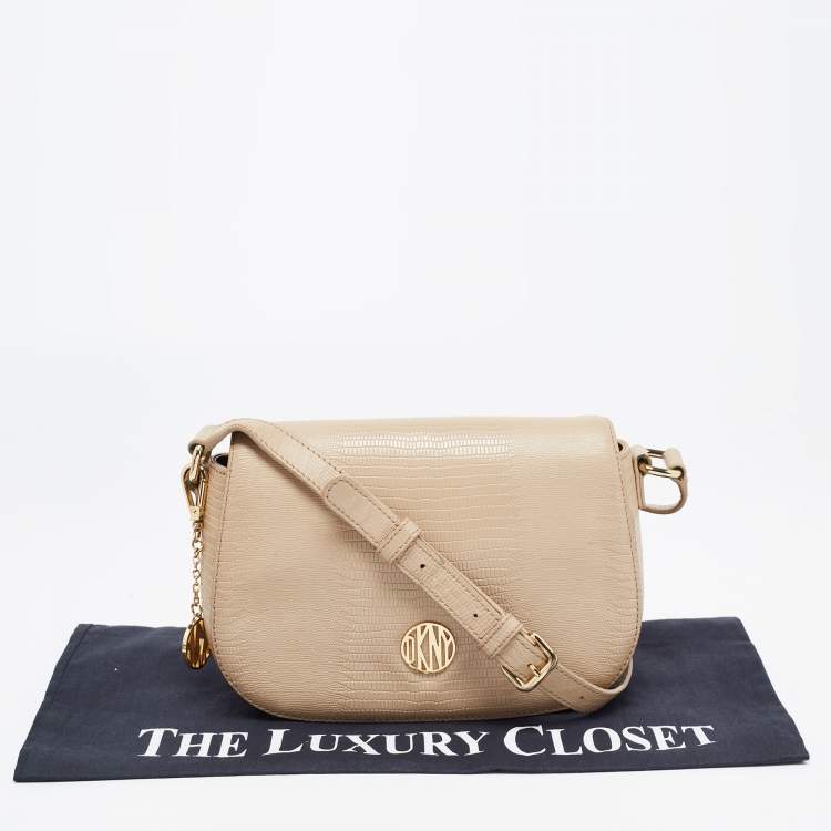 Pre Owned DKNY Beige Lizard Embossed Leather Logo Shoulder Bag