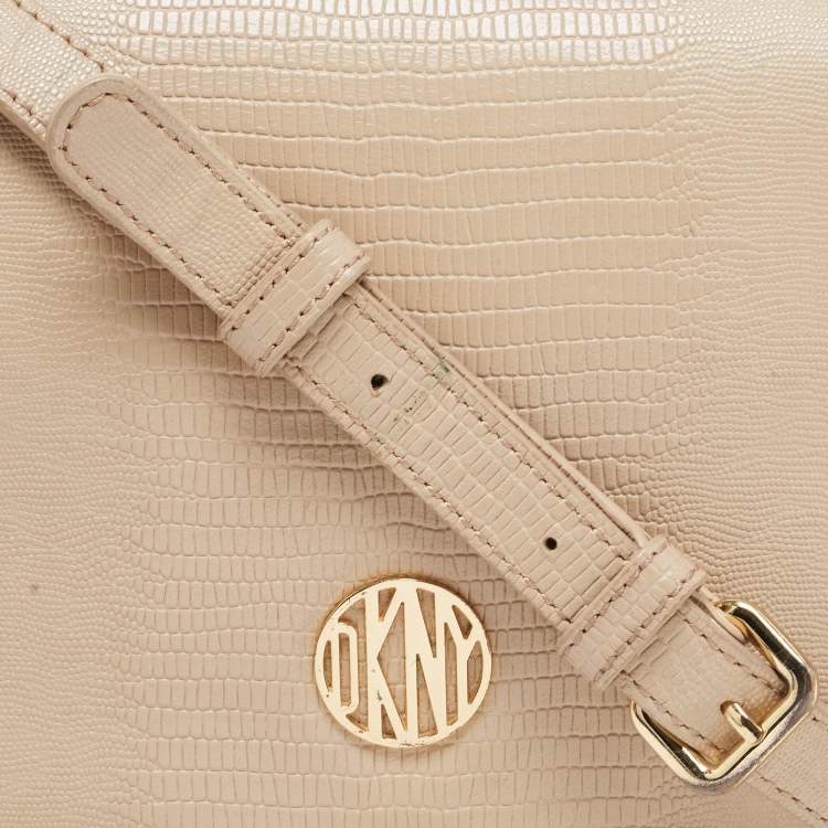 Pre Owned DKNY Beige Lizard Embossed Leather Logo Shoulder Bag