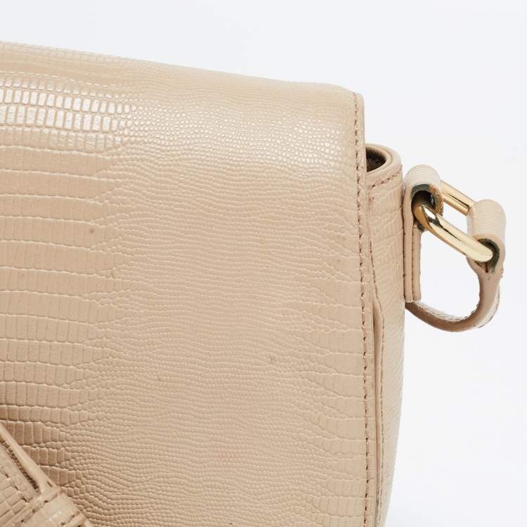 Pre Owned DKNY Beige Lizard Embossed Leather Logo Shoulder Bag