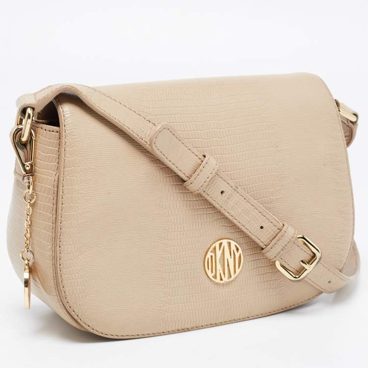 Pre Owned DKNY Beige Lizard Embossed Leather Logo Shoulder Bag