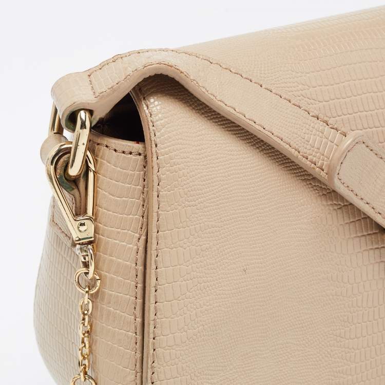 Pre Owned DKNY Beige Lizard Embossed Leather Logo Shoulder Bag