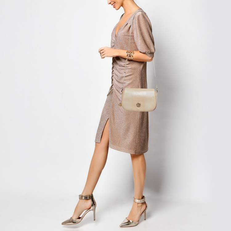 Pre Owned DKNY Beige Lizard Embossed Leather Logo Shoulder Bag