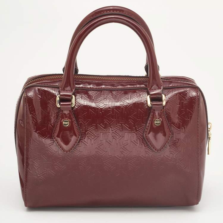 Pre Owned Dkny Dark Red Monogram Embossed Patent Leather Boston Bag