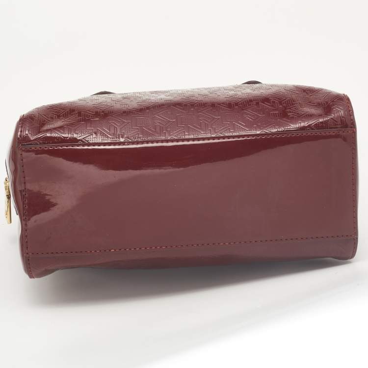 Pre Owned Dkny Dark Red Monogram Embossed Patent Leather Boston Bag