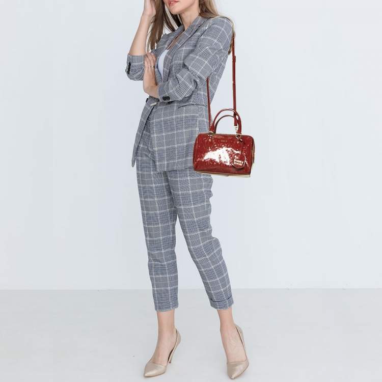 Pre Owned Dkny Dark Red Monogram Embossed Patent Leather Boston Bag