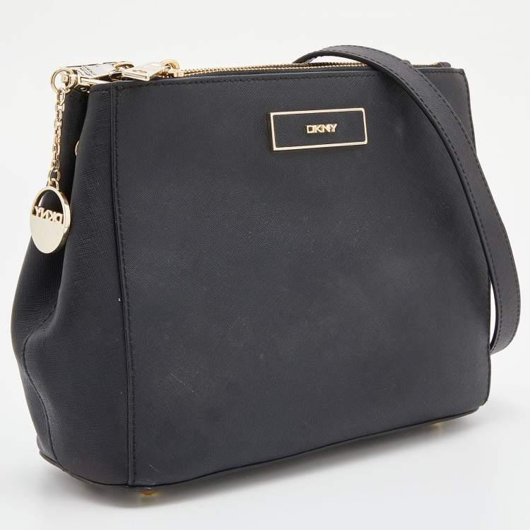 Pre Owned Dkny Black Saffiano Leather Double Zip Crossbody Bag