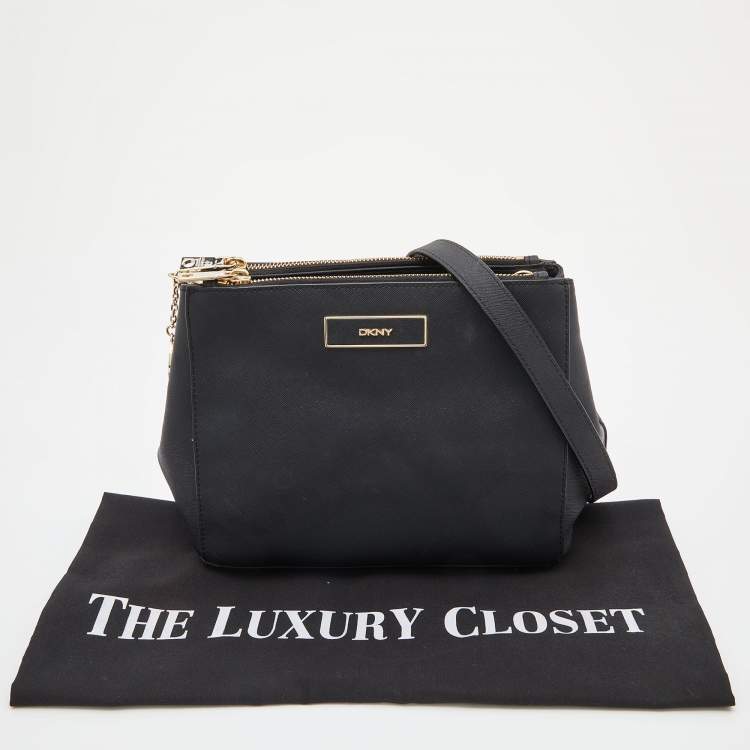 Pre Owned Dkny Black Saffiano Leather Double Zip Crossbody Bag