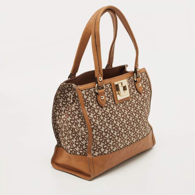 Pre Owned DKNY Brown/Beige Signature Canvas and Leather Tote