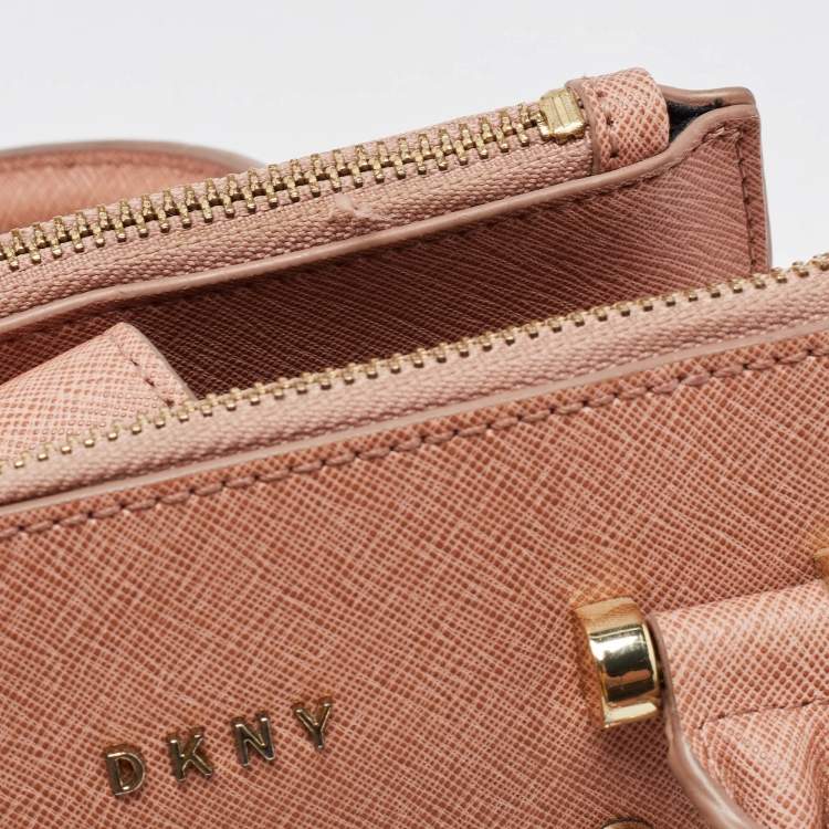Pre Owned DKNY Pink Textured Leather Pearl Embellished Double Zip Tote