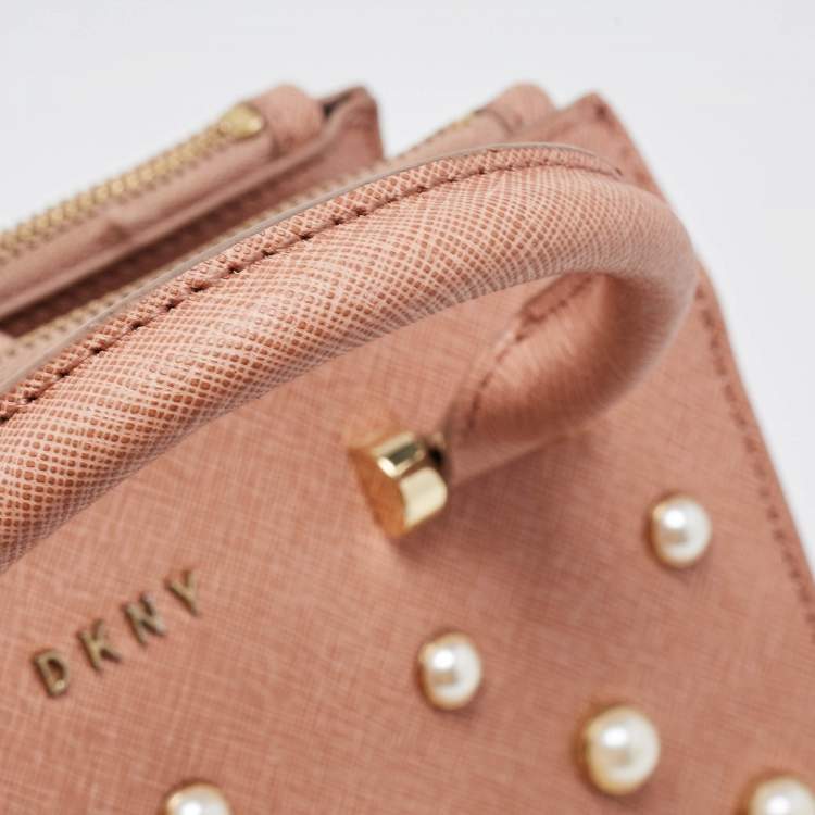 Pre Owned DKNY Pink Textured Leather Pearl Embellished Double Zip Tote