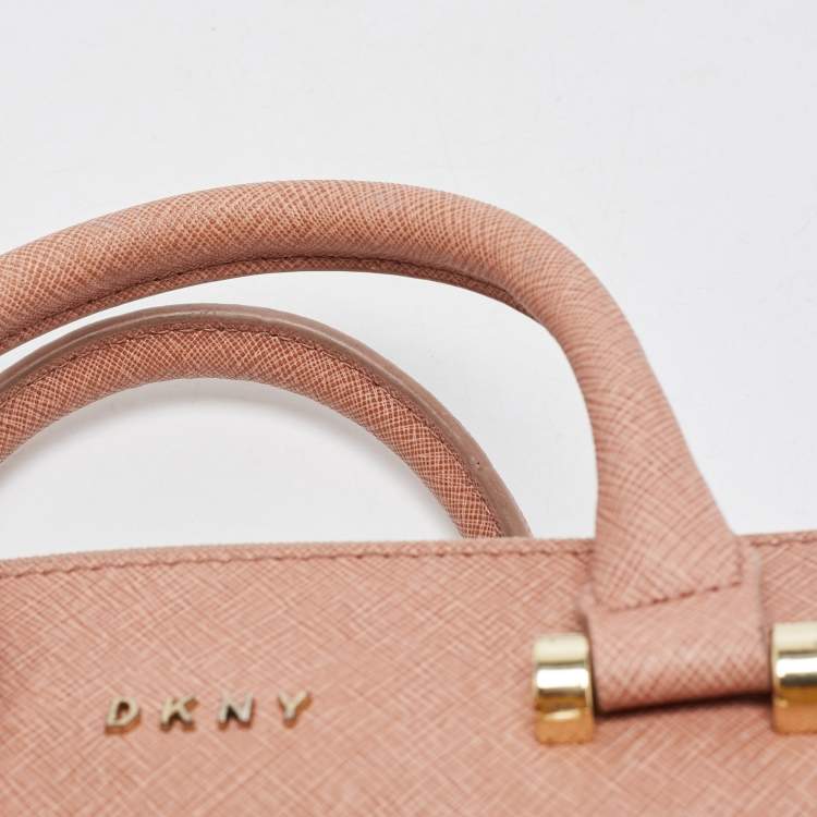 Pre Owned DKNY Pink Textured Leather Pearl Embellished Double Zip Tote