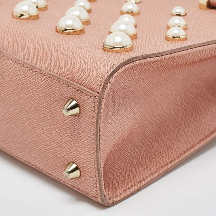 Pre Owned DKNY Pink Textured Leather Pearl Embellished Double Zip Tote