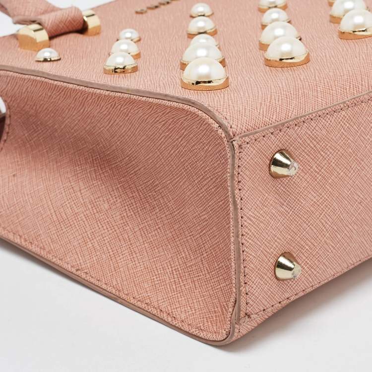 Pre Owned DKNY Pink Textured Leather Pearl Embellished Double Zip Tote