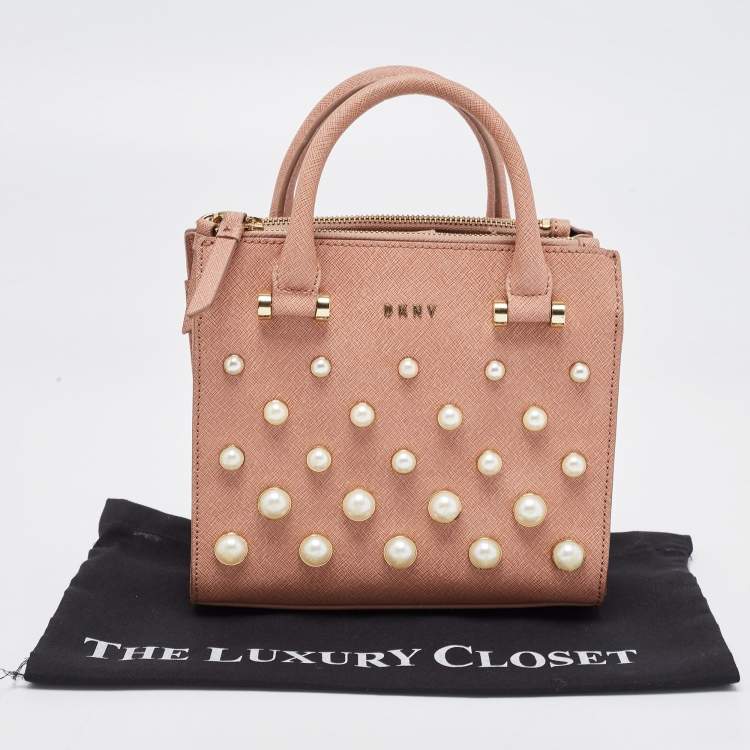 Pre Owned DKNY Pink Textured Leather Pearl Embellished Double Zip Tote
