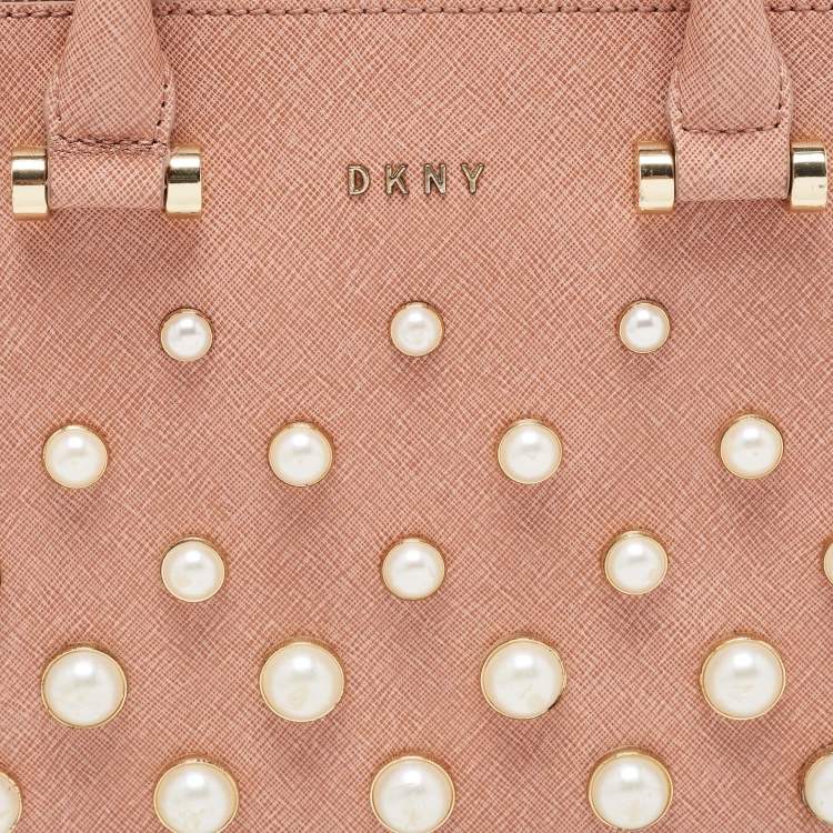 Pre Owned DKNY Pink Textured Leather Pearl Embellished Double Zip Tote