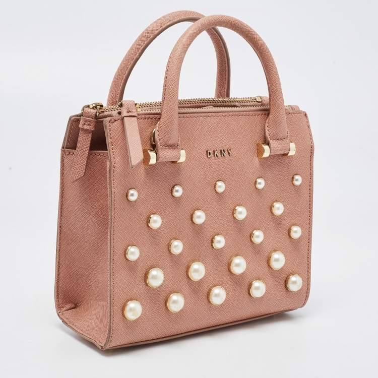 Pre Owned DKNY Pink Textured Leather Pearl Embellished Double Zip Tote