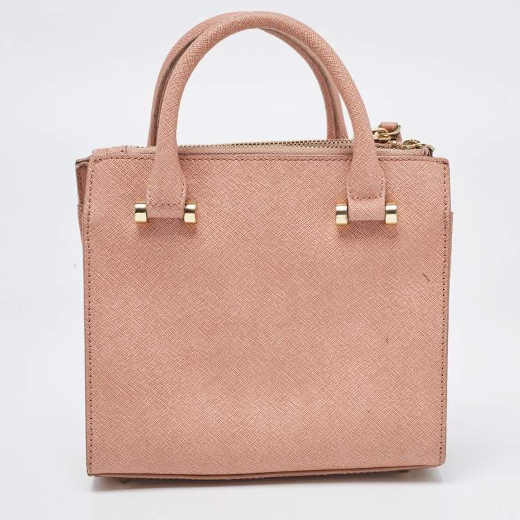 Pre Owned DKNY Pink Textured Leather Pearl Embellished Double Zip Tote