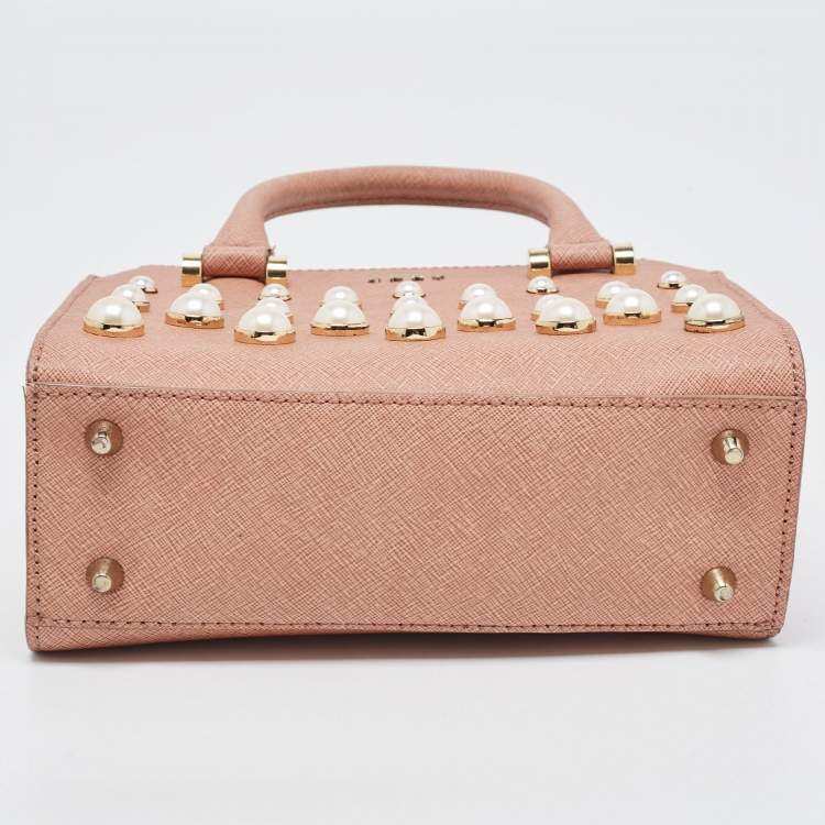 Pre Owned DKNY Pink Textured Leather Pearl Embellished Double Zip Tote
