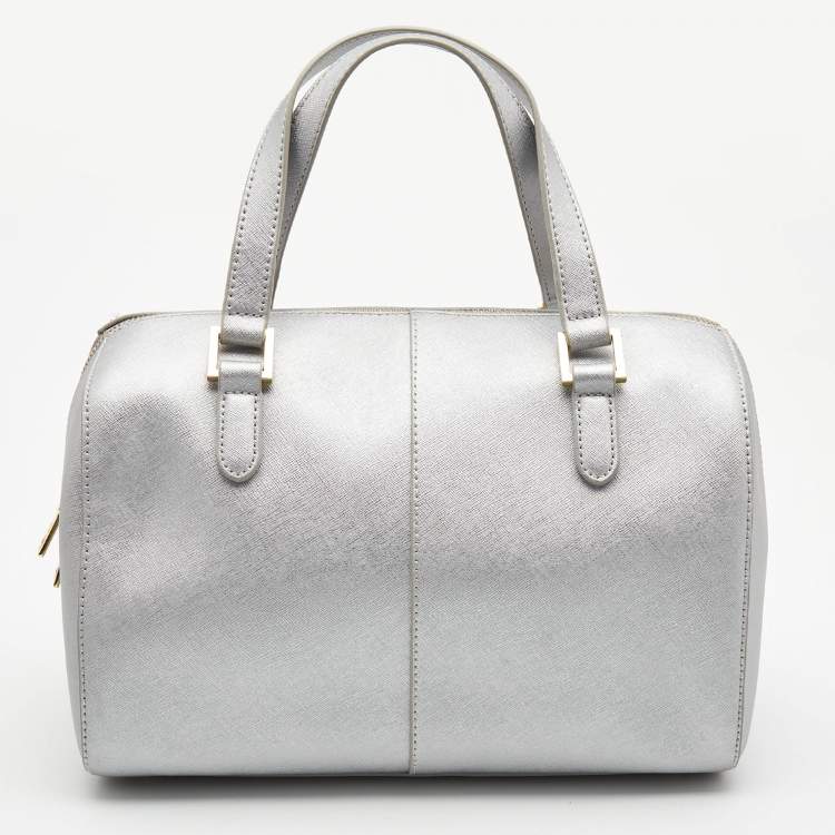 Pre Owned DKNY Silver Saffiano Leather Boston Bag