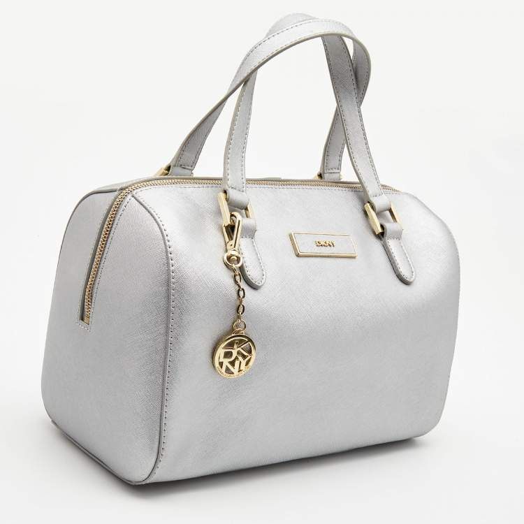 Pre Owned DKNY Silver Saffiano Leather Boston Bag