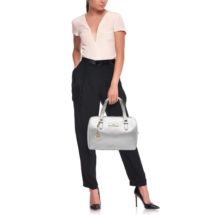 Pre Owned DKNY Silver Saffiano Leather Boston Bag
