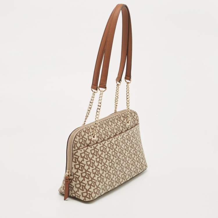 Pre Owned DKNY Beige/Brown Signature Coated Canvas and Leather Chain Shoulder Bag