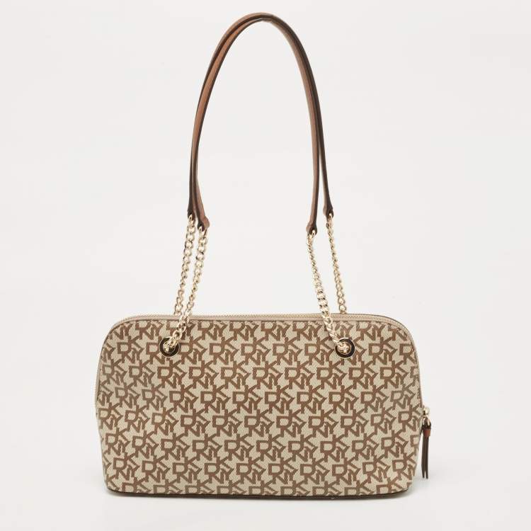 Pre Owned DKNY Beige/Brown Signature Coated Canvas and Leather Chain Shoulder Bag