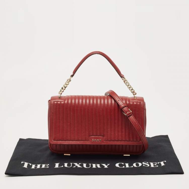 Pre Owned DKNY Red Pinstripe Quilted Leather Gansevoort Top Handle Bag
