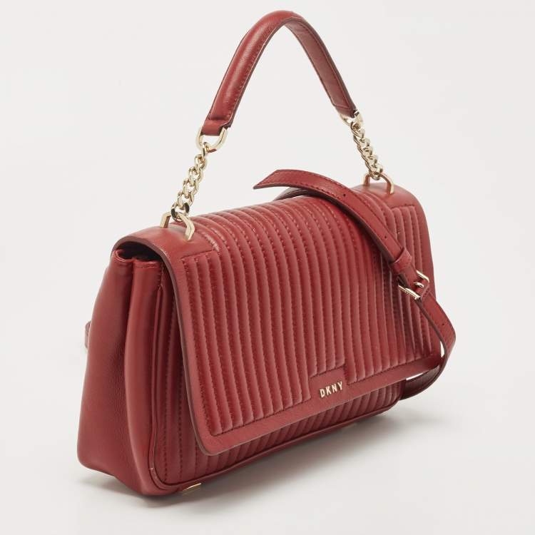 Pre Owned DKNY Red Pinstripe Quilted Leather Gansevoort Top Handle Bag