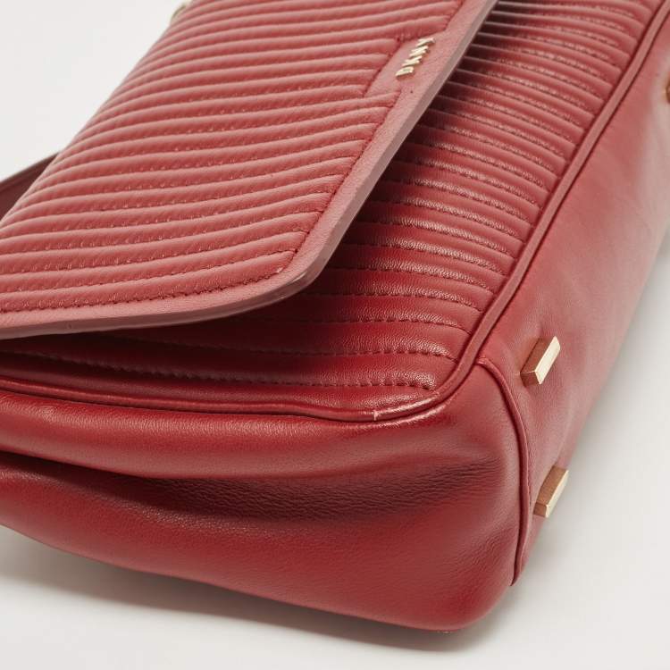 Pre Owned DKNY Red Pinstripe Quilted Leather Gansevoort Top Handle Bag
