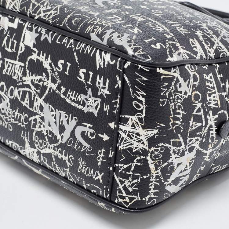 Pre Owned DKNY Black/White Graffiti Leather Erin Dome Satchel